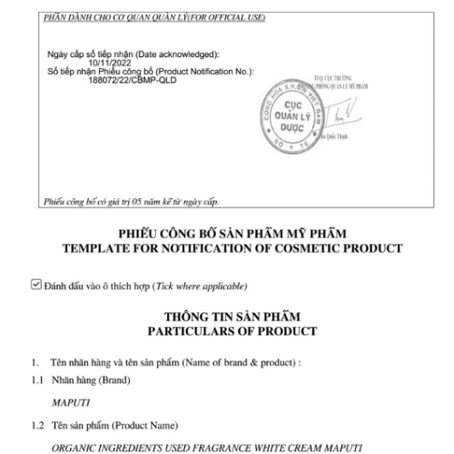 giấy chứng nhận chất lượng sản phẩm kem trị thâm maputi