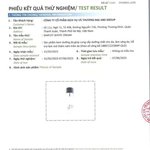 giấy chứng nhận chất lượng sản phẩm kem trị thâm maputi